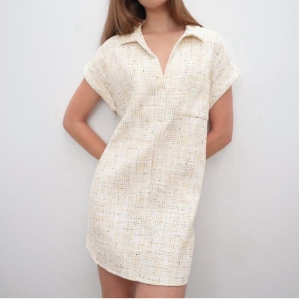 Zara Tweed V-Neck Collared Short Sleeve Mini Dress